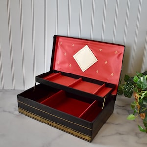 Vintage Black 2-Tier Jewelry Box with Red Lining, Retro Unisex Jewelry Chest
