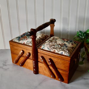 Small Vintage Wood Cantilever Sewing Box with Handle and Cushioned Fabric Top, Accordion Style Sewing Box, Fold Out Sewing Box