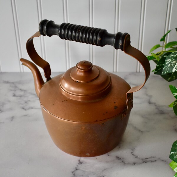 Vintage Copper Tea Kettle with Black Handle, Vintage Teapot, Copper Home Decor