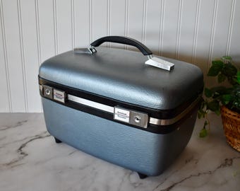 Vintage Blue Gray American Tourister Train Case, Travel/Toiletry/Makeup Case