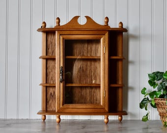 Vintage 16 1/4" Hanging Light Wood Curio Cabinet with Finials and Glass Door, Wooden Wall or Tabletop Display Shelf