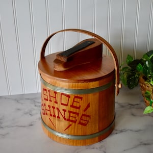 Vintage Firkin Bucket Shoe Shine Box, Round Wooden Shoe Shine Bucket, Shoe Polish Box, Shoe Shine Valet