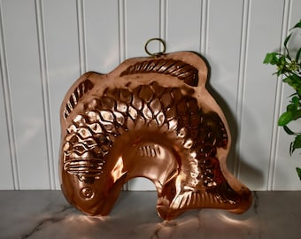 Molde de cobre antiguo holandés decorativo vintage para peces, colgante de pared de cobre ODI, decoración de cocina vintage