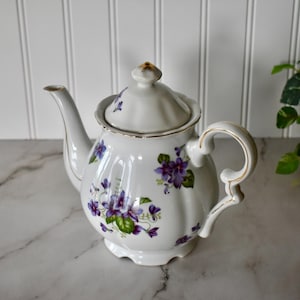 Vintage Lefton Hand Painted "Violets" Pattern Tea Pot with Gold Trim, 092V