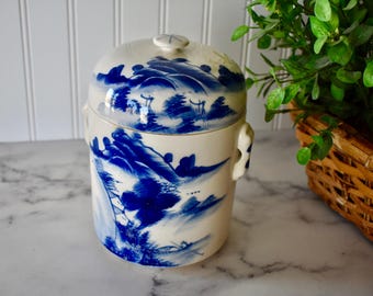 Vintage Blue and White Chinese Porcelain Storage Jar with Lid, Chinoiserie Tea Canister/Caddy