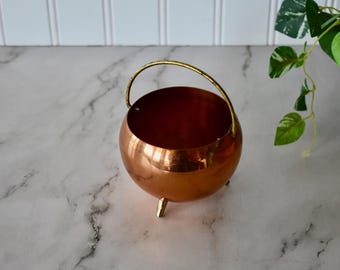 Vintage Coppercraft Guild Mini Footed Copper and Brass Cauldron/Planter with Handle, Copper Jardinière, Small Copper Pot