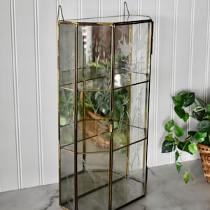 May include: A tall, hexagonal display cabinet featuring clear glass panels framed in brass. The front glass panels are decorated with etched floral and leaf patterns. The cabinet includes internal glass shelves and a hinged door.