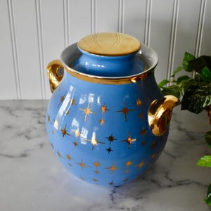 Vintage Hall Blue Cookie Jar with Gold Starburst Designs, Gold Handles, Gold Lid, Gold Lid Knob