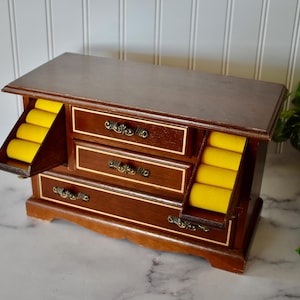 Vintage Wooden Jewelry Box with Pull Down Ring Rolls, Three Drawers