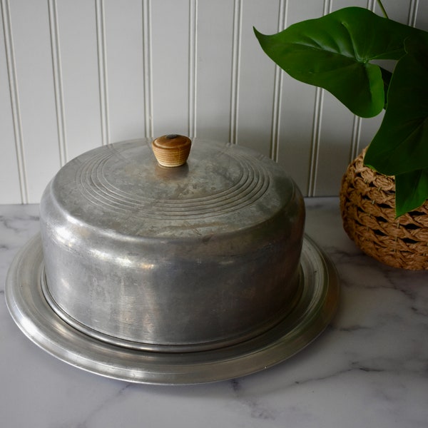 Vintage Cake Tray with Domed Cover, Wooden Knob