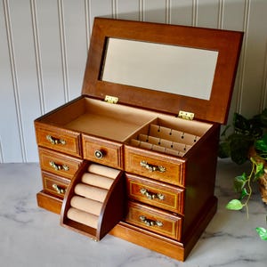 Vintage Wooden Musical Jewelry Box with Lift Up Top, Four Drawers, Pull Down Ring Rolls