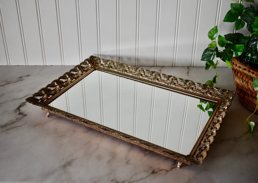 Vintage Rectangular Gold Metal Filigree Mirrored Vanity Tray with Feet, Perfume Tray, Vanity Decor, Hollywood Regency