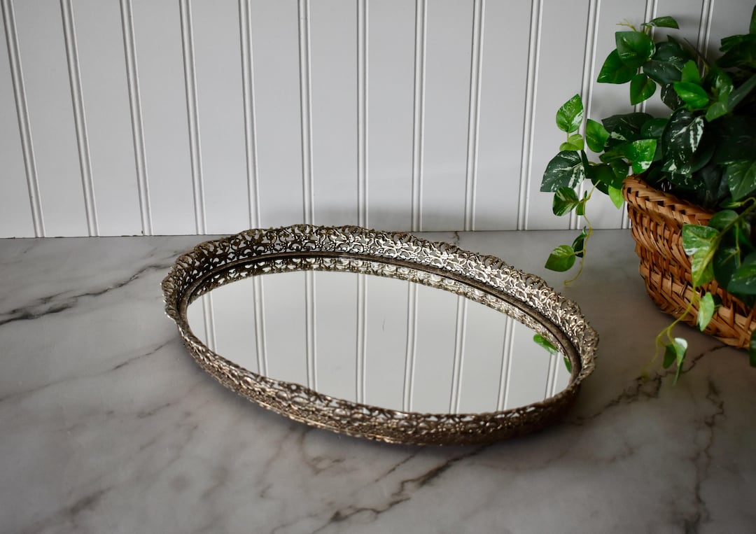 Vintage Oval Mirrored Gold Metal Filigree Vanity Tray or Wall Mirror, Perfume Tray, Hollywood Regency Decor