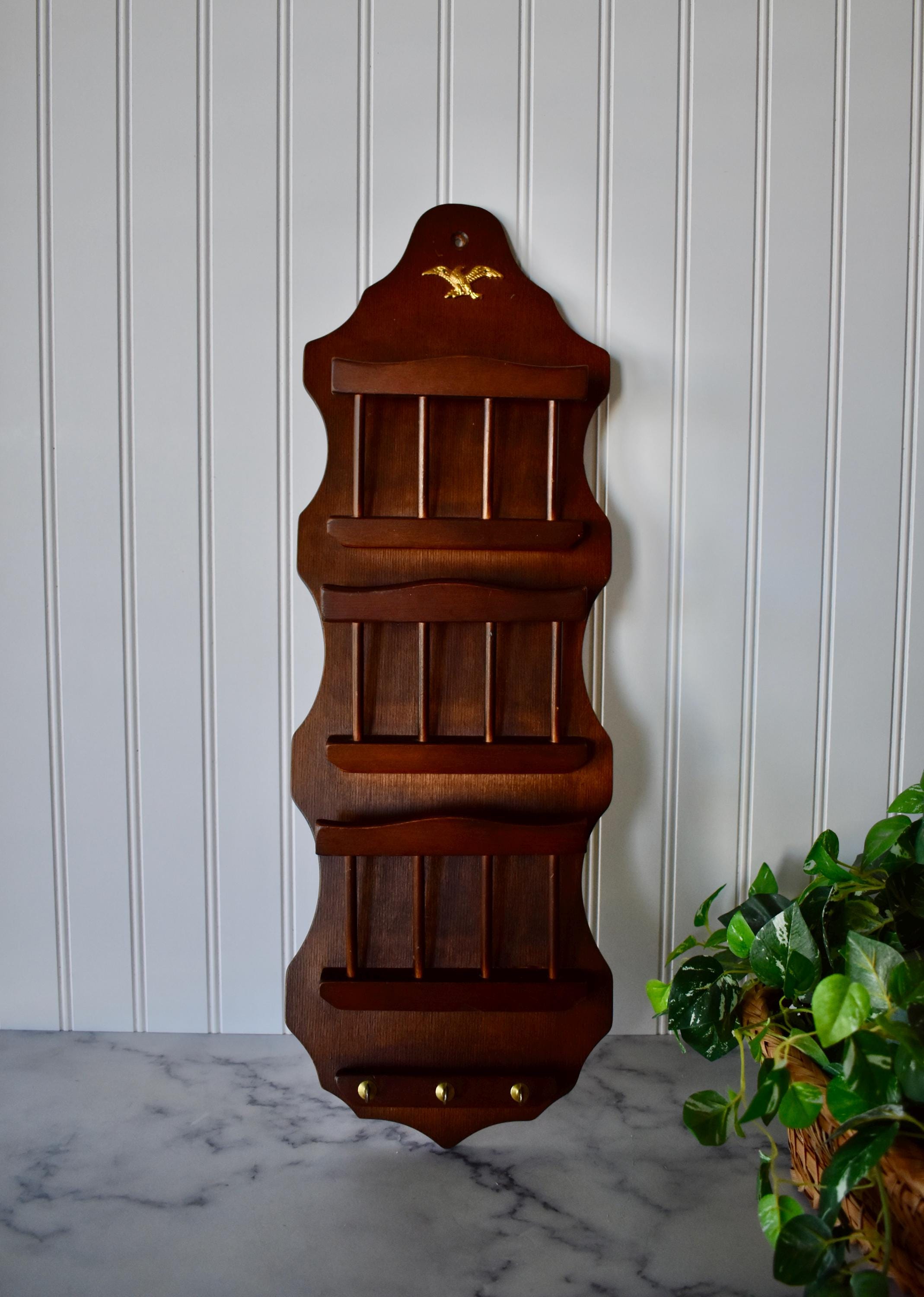 Vintage Wooden Mail/Bill Organizer with Gold Eagle and Brass Key Hooks, Wall Mounted Office Organizer, Letter Holder