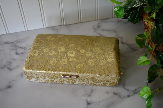 Vintage Gold Brocade Clamshell Travel Jewelry Cas… - image 2