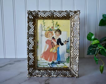 Vintage Gold Tone Filigree Double Photo 5 X 7 Tabletop Frame / Antique ...