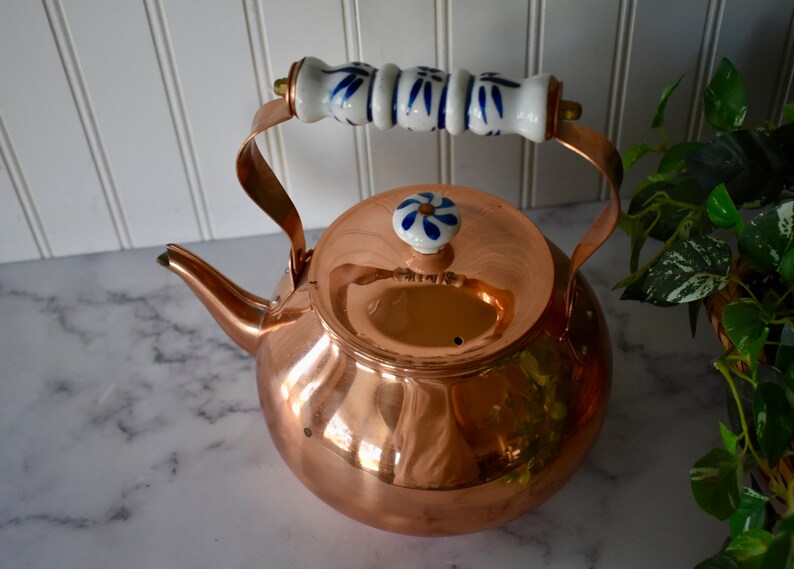 Vintage Copper Tea Kettle with Delft Ceramic Handles, Vintage Teapot, Copper Home Decor