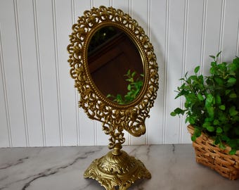 Espejo de tocador antiguo de pedestal basculante de metal fundido dorado