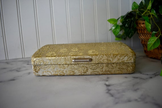 Vintage Gold Brocade Clamshell Travel Jewelry Cas… - image 3