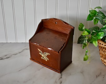 Vintage Wooden Early American Dark Wood Standing or Hanging Recipe Box with Flip Up Top, Brass Eagle