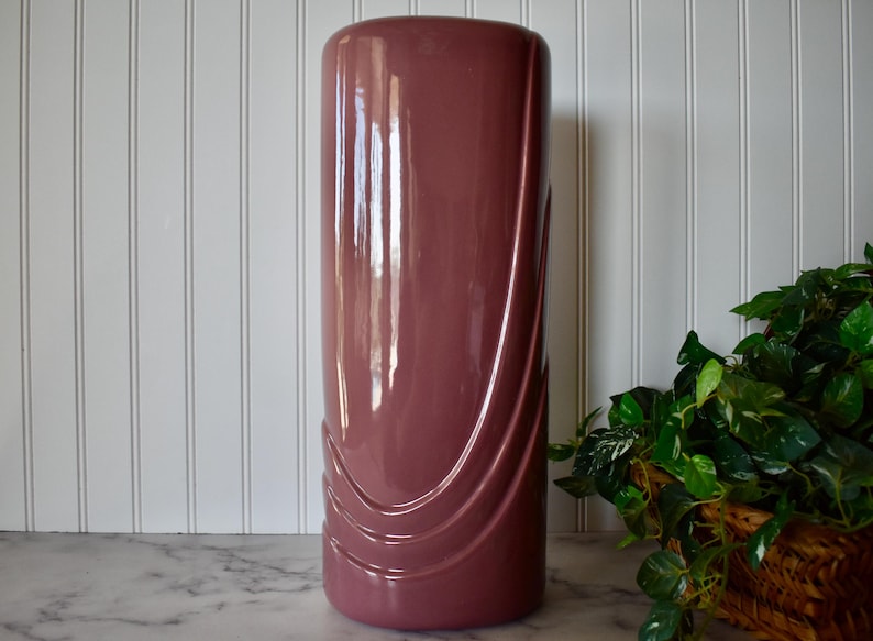 Vintage Tall Mauve Art Deco Revival Vase, Large Pink Vase, 1980s Vase