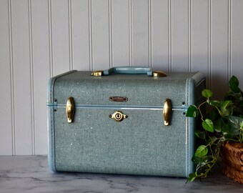 Vintage Samsonite Train Case - Light Blue, Shwayder Bros. Luggage Style 4212, Travel Case, Toiletry Case, Makeup Case