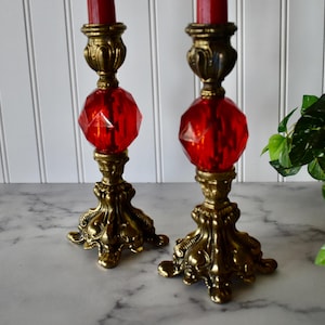 Set of 2 Vintage Ruby Red Lucite and Gold Cast Metal Taper Candleholders, Christmas Candlesticks