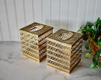 Set of 2 Vintage Gold Metal Filigree Tissue Box Covers, Square Kleenex Box Holder, Hollywood Regency, Vanity Decor, Bath Decor