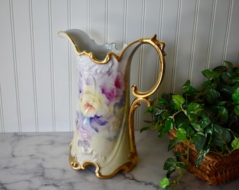 Jarra/cangrejo decorativo de porcelana vintage pintado a mano con diseños florales.