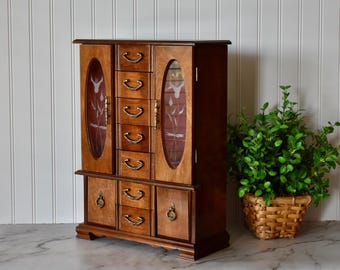 Extra Large Vintage Wooden Jewelry Box, Two Necklace Carousels, Six Drawers, Pull Down Ring Rolls, Etched Floral Windows