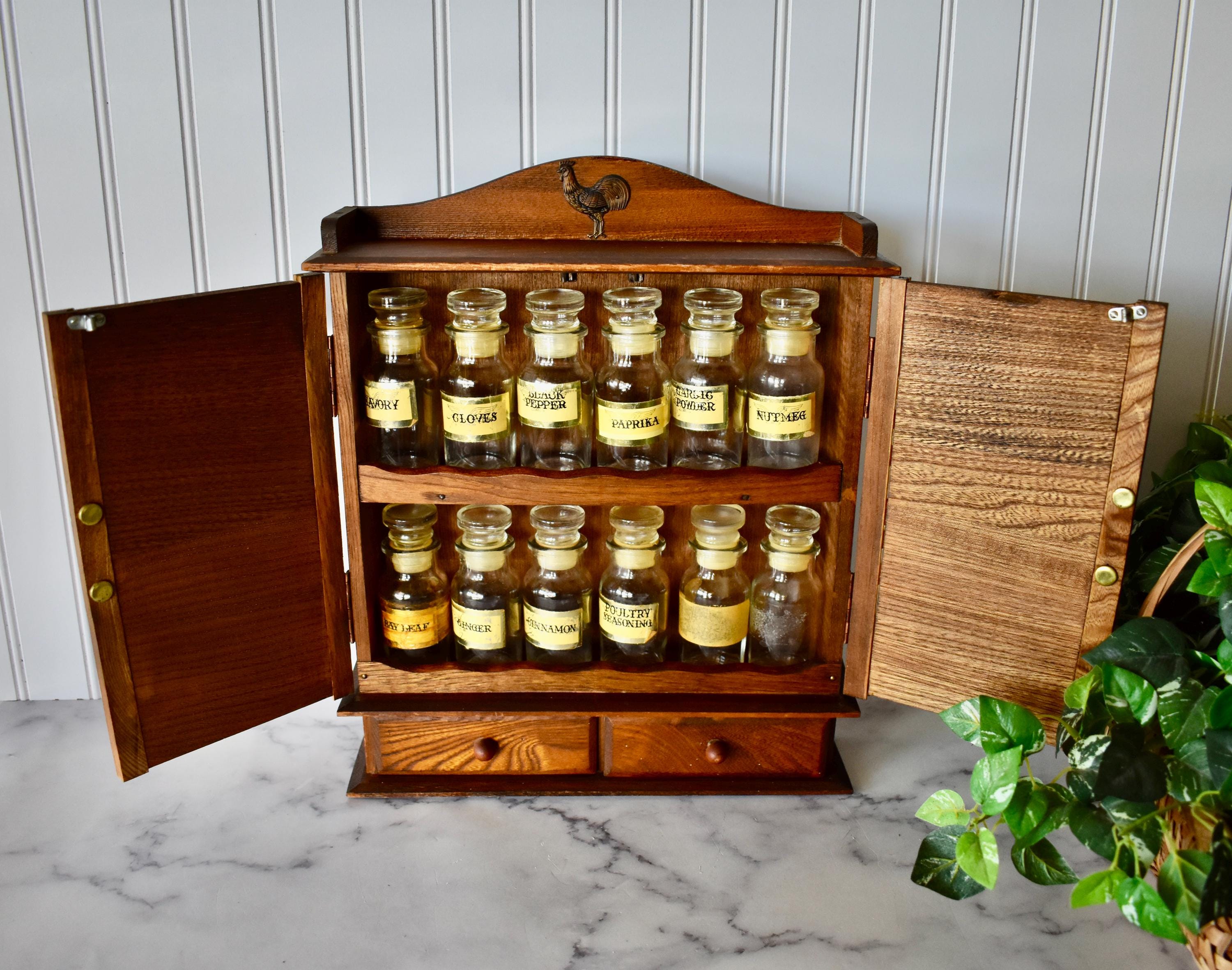 Vintage Wooden Hanging or Countertop Spice Cabinet with 12 Spice Bottles, Wall Mountable Spice Rack, Rooster Spice Rack, Farmhouse Kitchen