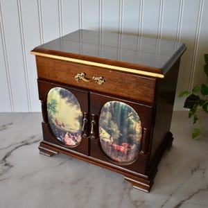Vintage Wooden Kellerman Jewelry Chest with Lift Up Top, Three Drawers, Oval Romantic Pastoral Scene Prints