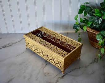 Vintage Gold Metal Filigree Tissue Holder, Kleenex Holder, Hollywood Regency Decor, Vanity Decor, Bathroom Decor