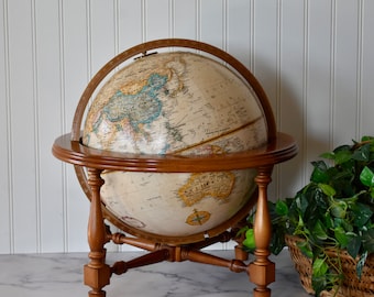 Vintage Tabletop Rotating Replogle World Globe in Wooden Stand, Raised Topography Globe, 12” Diameter Globe