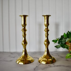 Vintage 9.5&quot; Polished Brass Taper Candle Holder Pair, Brass Candlesticks, Brass Candle Holder Set