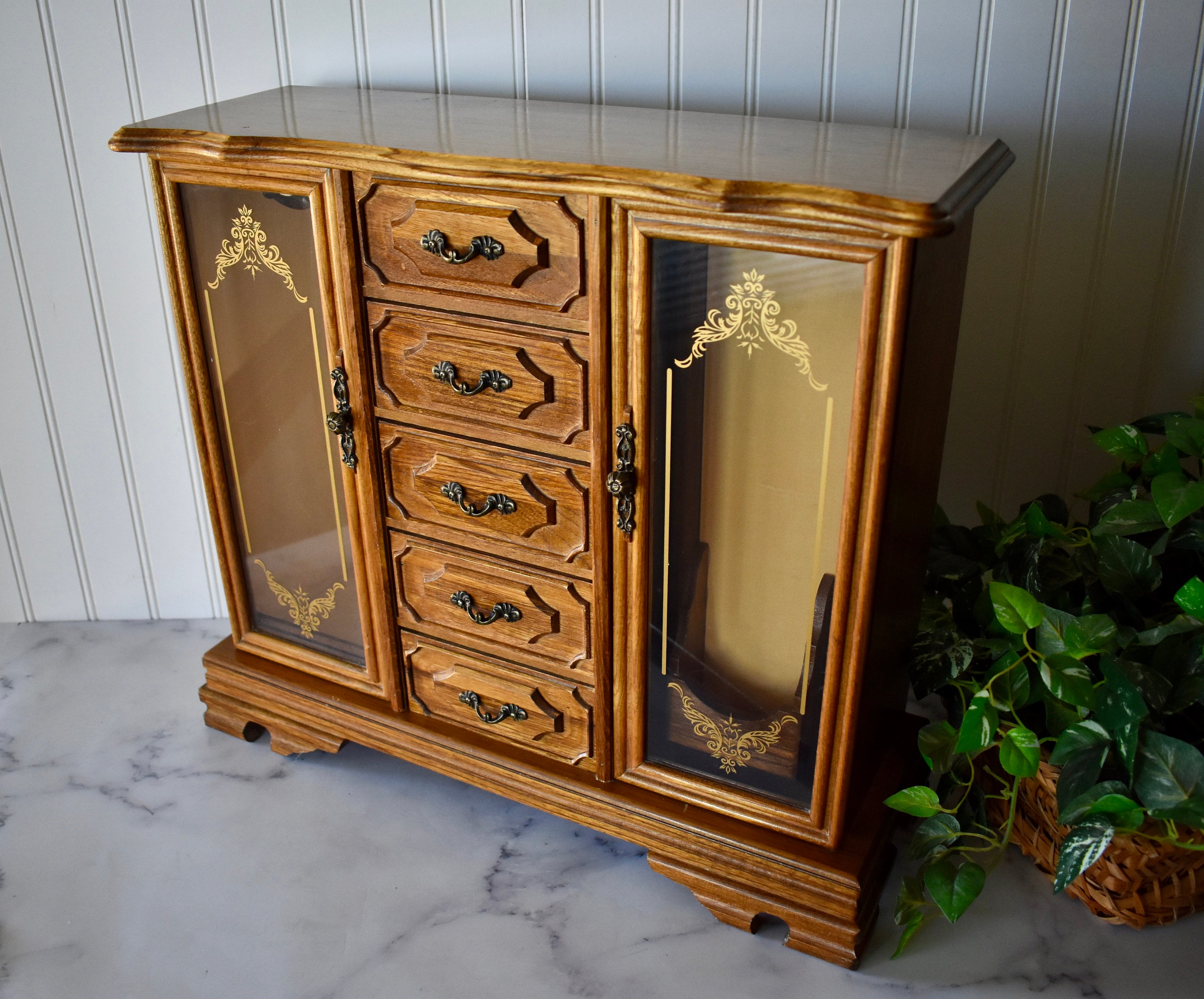 Extra Large Musical Vintage Wooden Jewelry Box, Two Doors, Five