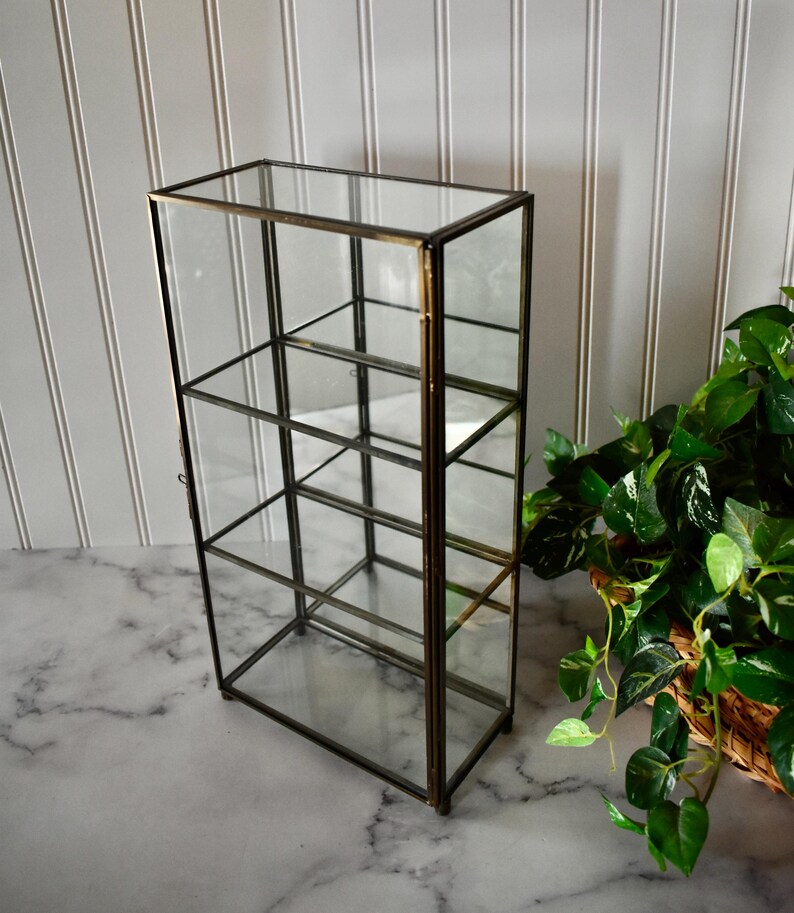 Vintage Glass and Brass 3-Tier Mirrored Display Case with Slide Closure, Collectibles Display Cabinet