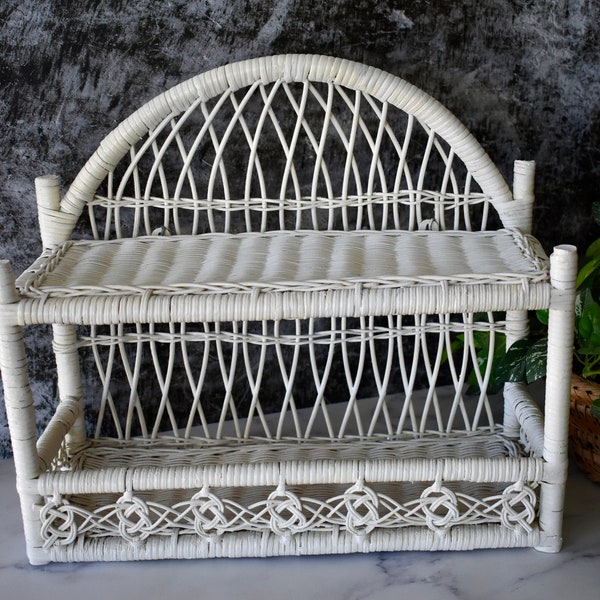 Vintage White Wicker Hanging or Standing Shelf, Bathroom Shelf, Towel Holder