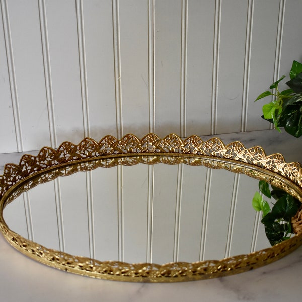 Oval Mirrored Vintage Vanity Tray, Gold Metal Filigree Mirrored Tray, Vintage Perfume Tray, Vanity Decor, Hollywood Regency Decor