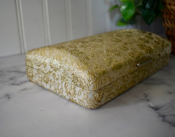 Vintage Gold Brocade Clamshell Travel Jewelry Cas… - image 6