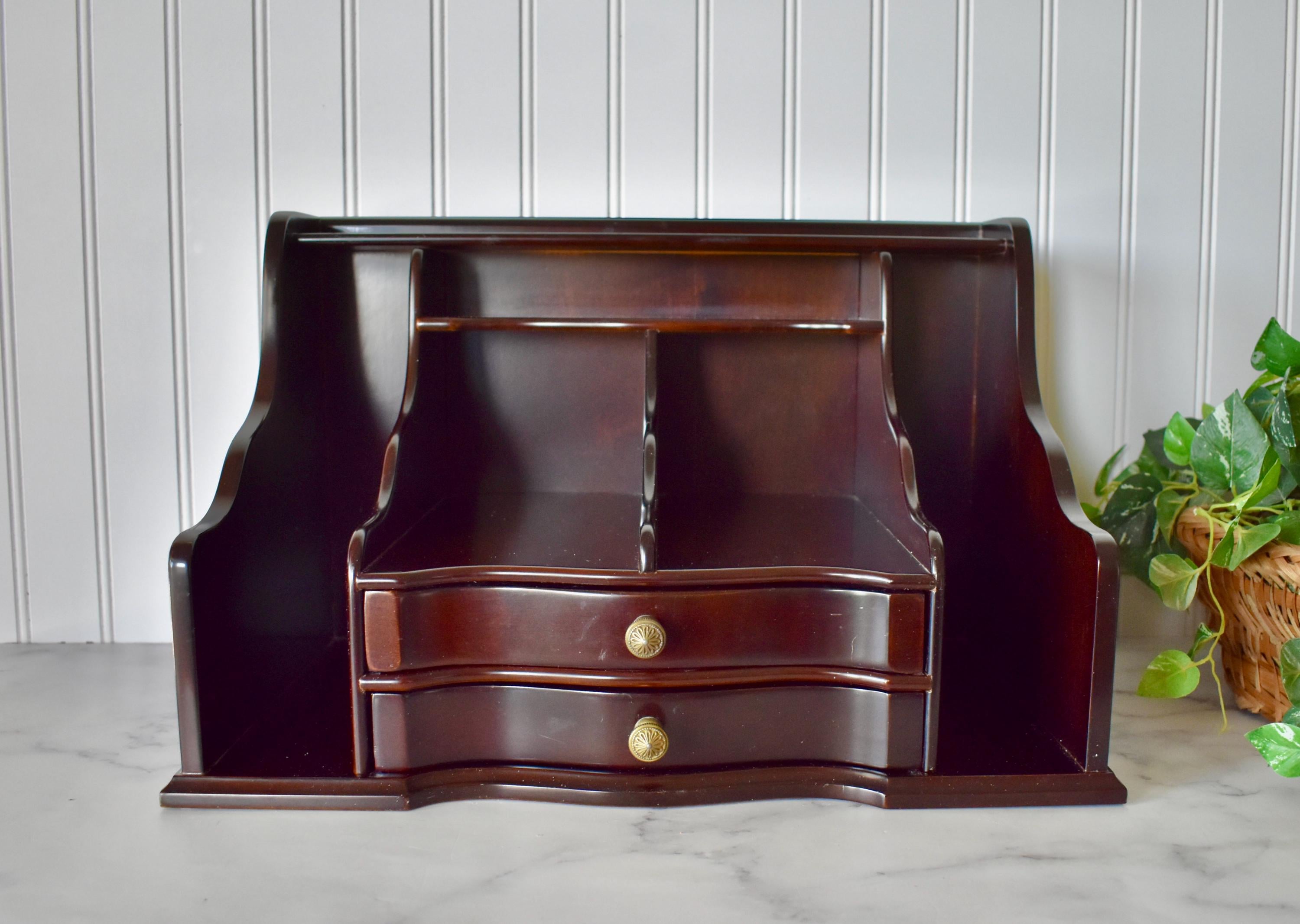 Vintage Bombay Company Wooden Desktop Organizer with Two Drawers, Office Mail/Bill Organizer, 1990s Bombay Co Desk Accessory