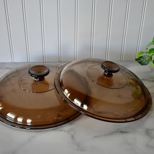 Vintage Round Amber Glass Replacement Pyrex Lids, 10 5/8&quot; Diameter Lid OR 10 1/8&quot; Diameter V12C Lid, Corning Ware Vision Amber Lid