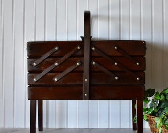 Vintage Wooden Standing Accordion Style/Cantilever Sewing Box with Carrying Handle, Legs, and Box Joints