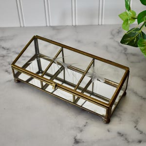 Vintage Brass and Etched Glass Mirrored Jewelry or Trinket Case with Three Compartments