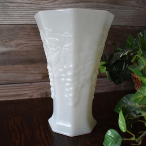 Vintage Anchor Hocking Milk Glass Vase with Grapes and Grapevines, Octagonal Vase