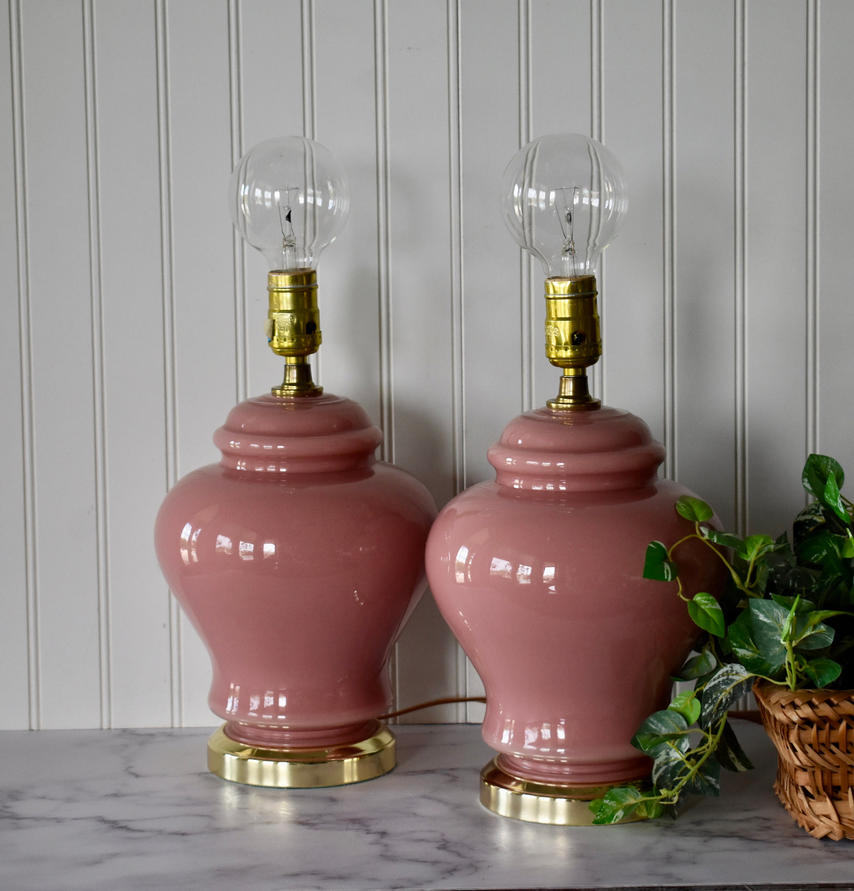 Vintage Pink Glass Ginger Jar Table Lamps, Reverse Painted Glass - Main Image