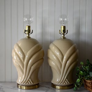 Large Vintage Beige Art Deco Revival Glass Table Lamp-Set of 2, Reverse-Painted Glass, Postmodern Lamps