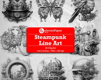 Steampunk Line Art Clipart - steampunk graphics, steampunk clip art, steampunk car, steampunk house, steampunk collage, steampunk png