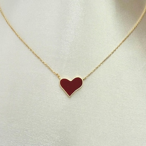 925 Sterling Silver Red Heart Pendant Necklace - Gold Plated Chain Necklace - Dainty Heart Pendant - Minimalist Jewelry - Gift for Her