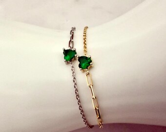 Sterling Silver Heart Bracelet – Paperclip Chain, Green Gemstone